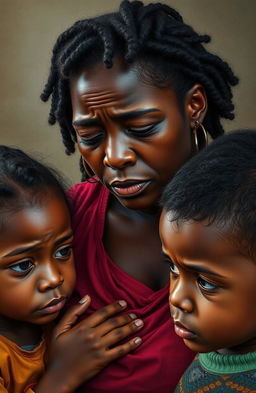 A poignant scene depicting a black woman weeping while surrounded by her three children – a girl and two boys