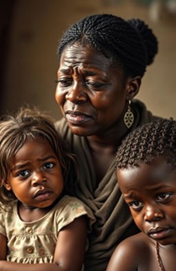 A poignant scene depicting a black woman weeping while surrounded by her three children – a girl and two boys