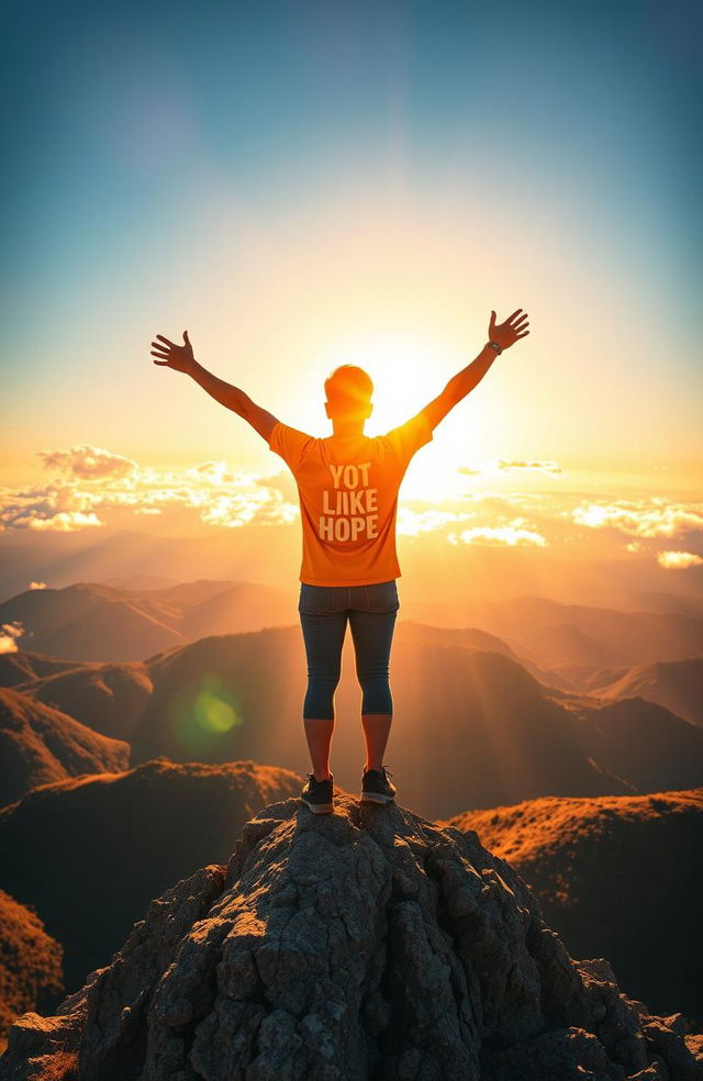 A vibrant and inspiring scene depicting a person standing triumphantly on a mountain peak, bathed in golden sunlight, with arms extended towards the sky