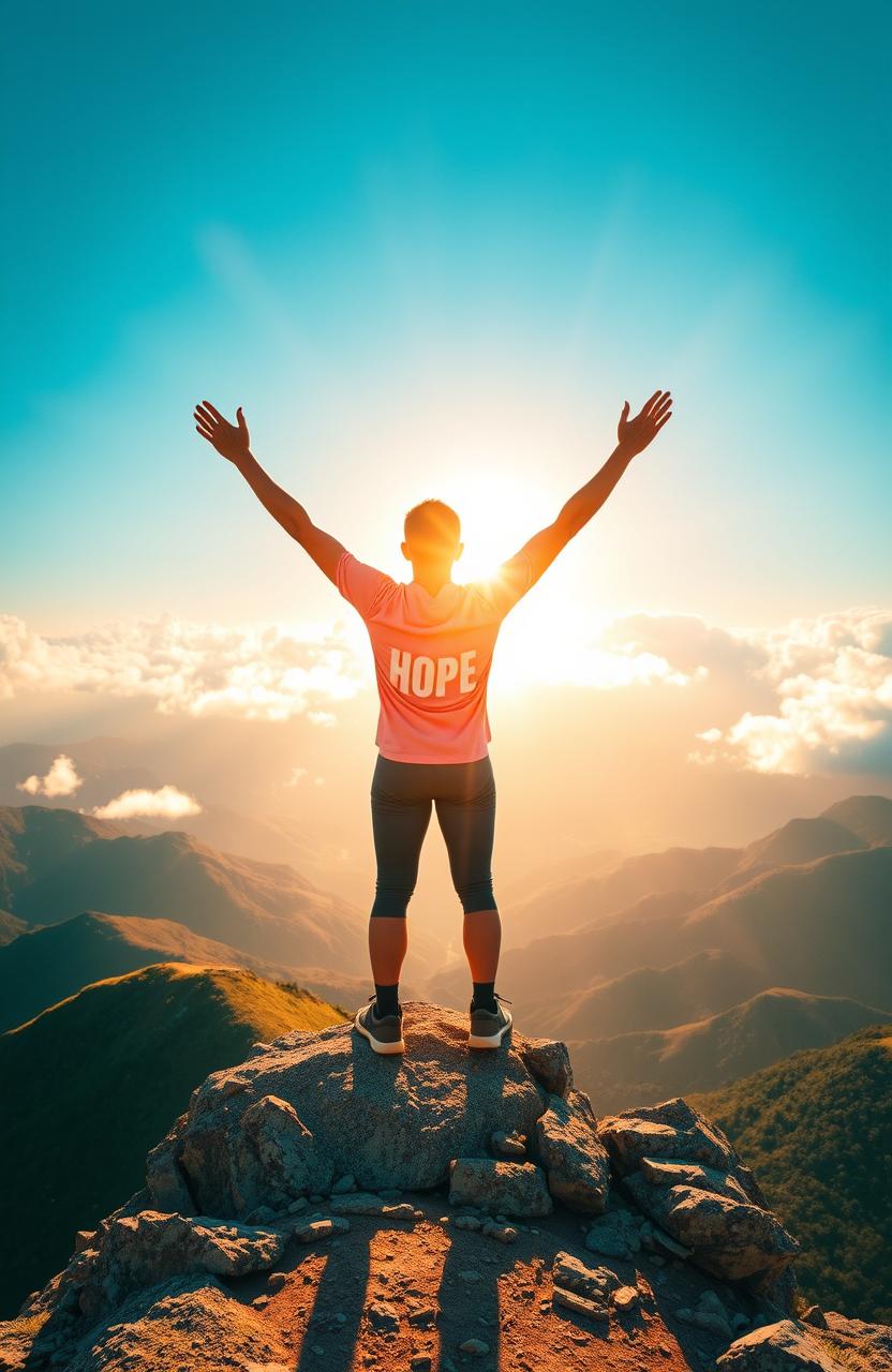 A vibrant and inspiring scene depicting a person standing triumphantly on a mountain peak, bathed in golden sunlight, with arms extended towards the sky