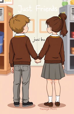 A heartwarming illustration of a boy and girl standing closely together in a school environment, holding hands
