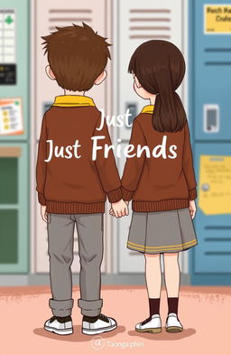 A heartwarming illustration of a boy and girl standing closely together in a school environment, holding hands