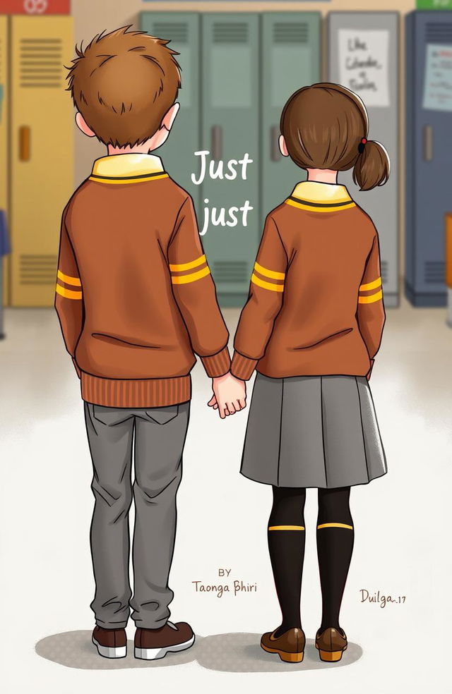 A heartwarming illustration of a boy and girl standing closely together in a school environment, holding hands