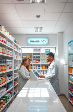 A well-organized and aesthetically pleasing pharmacy, showcasing neatly arranged shelves filled with colorful medicine bottles and pharmaceutical products