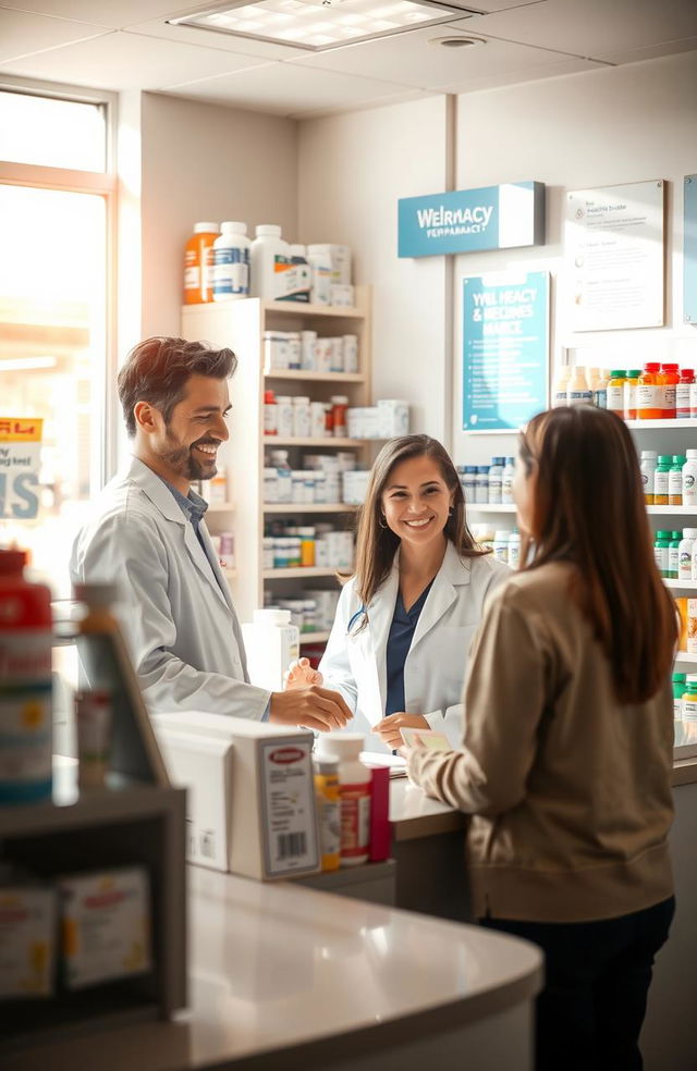 A well-organized and aesthetically pleasing pharmacy, showcasing neatly arranged shelves filled with colorful medicine bottles and pharmaceutical products