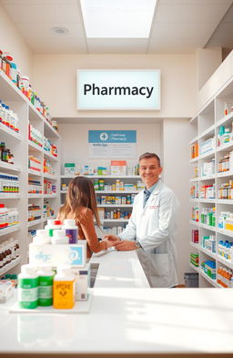 A well-organized and aesthetically pleasing pharmacy, showcasing neatly arranged shelves filled with colorful medicine bottles and pharmaceutical products