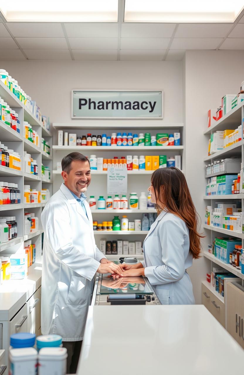 A well-organized and aesthetically pleasing pharmacy, showcasing neatly arranged shelves filled with colorful medicine bottles and pharmaceutical products