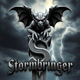 A gothic gargoyle, intricately detailed with sharp features and an imposing presence, perches atop the letter 'S' in the word 'Stormbringer'