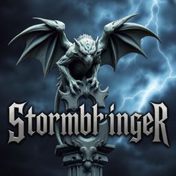 A gothic gargoyle, intricately detailed with sharp features and an imposing presence, perches atop the letter 'S' in the word 'Stormbringer'