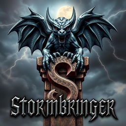 A gothic gargoyle, intricately detailed with sharp features and an imposing presence, perches atop the letter 'S' in the word 'Stormbringer'