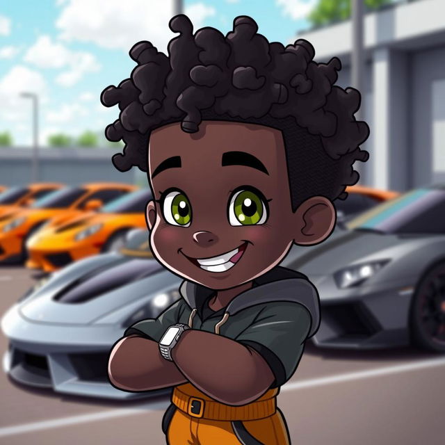 A playful black cartoon character with curly hair, dressed in sporty clothing