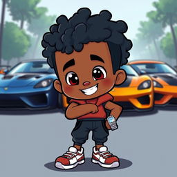 A playful black cartoon character with curly hair, dressed in sporty clothing