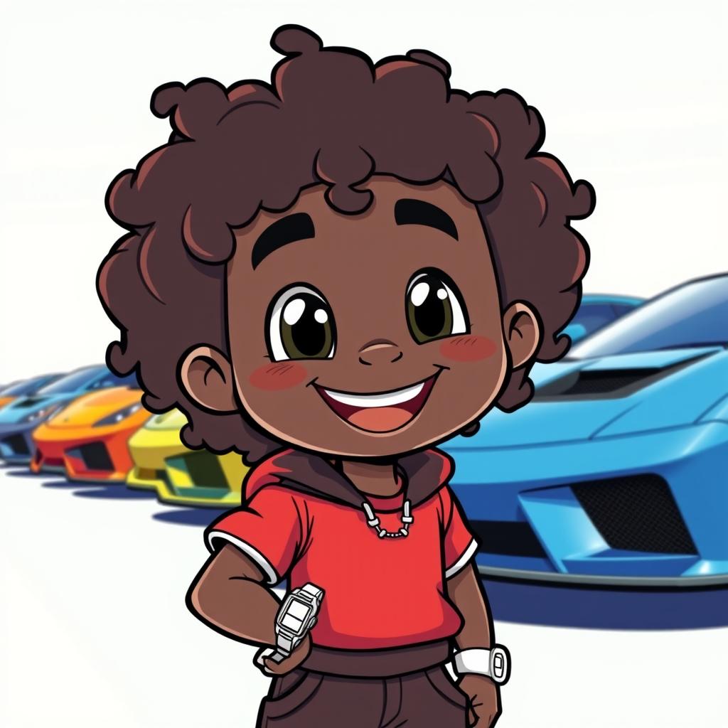 A playful black cartoon character with curly hair, dressed in sporty clothing