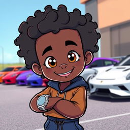 A playful black cartoon character with curly hair, dressed in sporty clothing