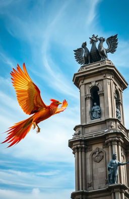 A majestic phoenix soaring gracefully towards an ancient, weathered tower