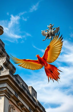 A majestic phoenix soaring gracefully towards an ancient, weathered tower