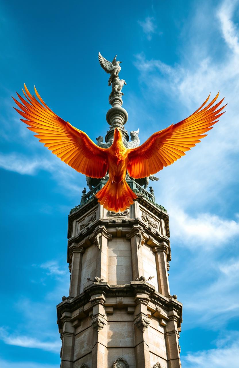 A majestic phoenix soaring gracefully towards an ancient, weathered tower