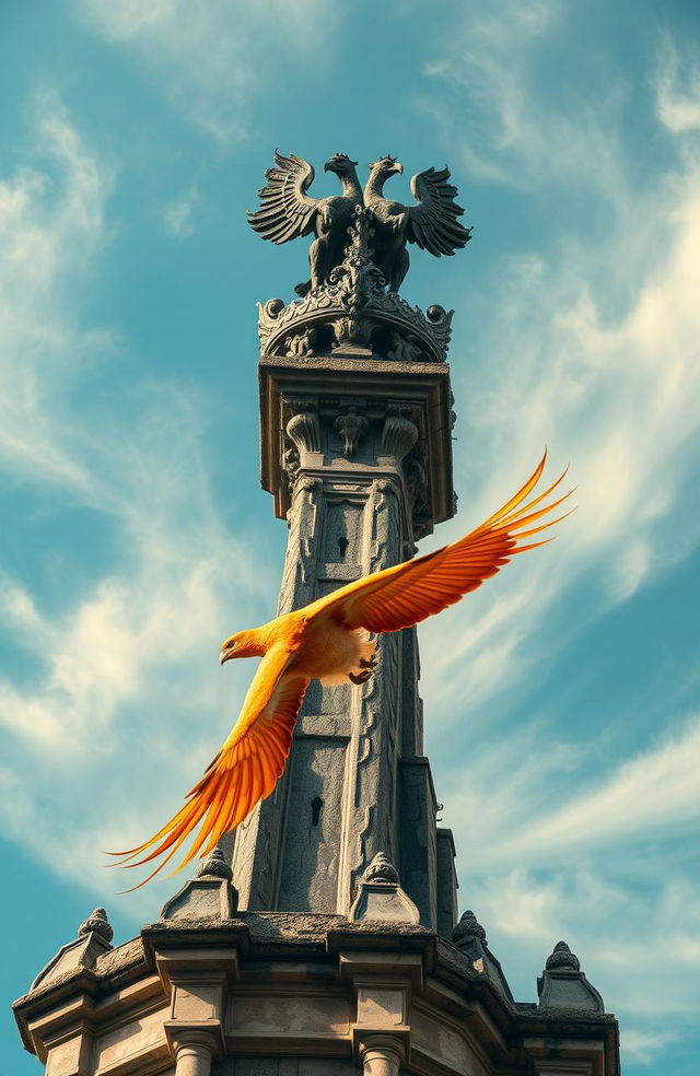 A majestic phoenix soaring gracefully towards an ancient, weathered tower