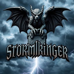 A gothic gargoyle, elaborately crafted with fierce, watchful eyes and intricately carved details, rests majestically on top of the letter 'S' in the word 'Stormbringer'