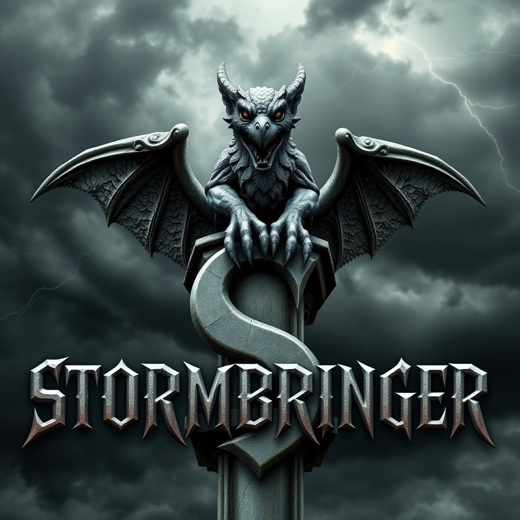 A gothic gargoyle, elaborately crafted with fierce, watchful eyes and intricately carved details, rests majestically on top of the letter 'S' in the word 'Stormbringer'