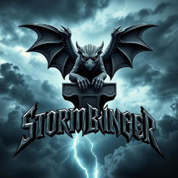 A gothic gargoyle, elaborately crafted with fierce, watchful eyes and intricately carved details, rests majestically on top of the letter 'S' in the word 'Stormbringer'