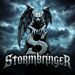 A gothic gargoyle, elaborately crafted with fierce, watchful eyes and intricately carved details, rests majestically on top of the letter 'S' in the word 'Stormbringer'