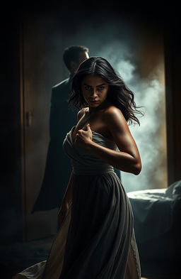 A dramatic scene depicting a confrontation between a woman and her violent husband