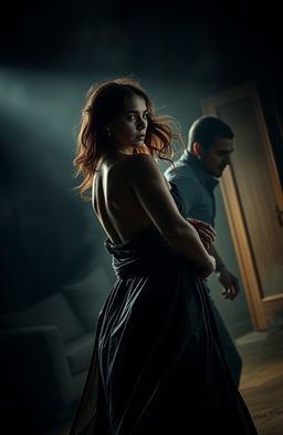 A dramatic scene depicting a confrontation between a woman and her violent husband