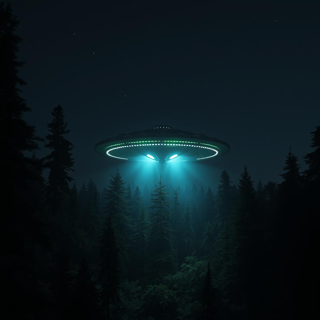 A mysterious alien craft hovering silently above a dense, dark forest, illuminated by ethereal lights emanating from its underside