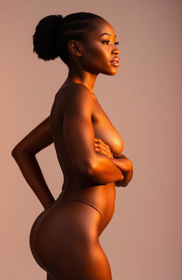 A beautiful black woman standing gracefully, her natural beauty shining through, showcasing her confident posture and radiant skin