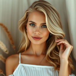A tasteful artistic portrayal of a beautiful blonde woman in a natural and serene setting, embracing her femininity with confidence