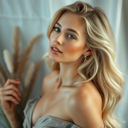 A tasteful artistic portrayal of a beautiful blonde woman in a natural and serene setting, embracing her femininity with confidence