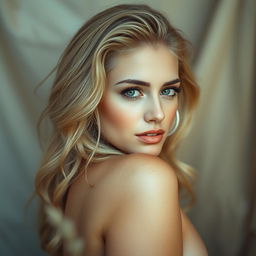 A tasteful artistic portrayal of a beautiful blonde woman in a natural and serene setting, embracing her femininity with confidence