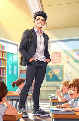 A scene depicting a perfect human in a school environment, showcasing academic excellence and charisma