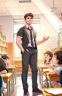 A scene depicting a perfect human in a school environment, showcasing academic excellence and charisma