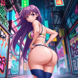 Anime girl with long, flowing hair and a playful expression, wearing a colorful and revealing outfit that accentuates her curvy figure, prominently featuring her large backside