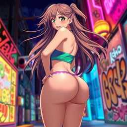 Anime girl with long, flowing hair and a playful expression, wearing a colorful and revealing outfit that accentuates her curvy figure, prominently featuring her large backside