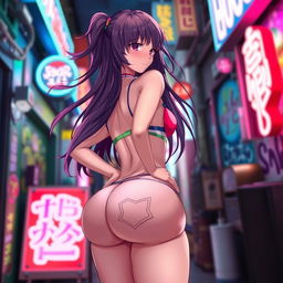 Anime girl with long, flowing hair and a playful expression, wearing a colorful and revealing outfit that accentuates her curvy figure, prominently featuring her large backside