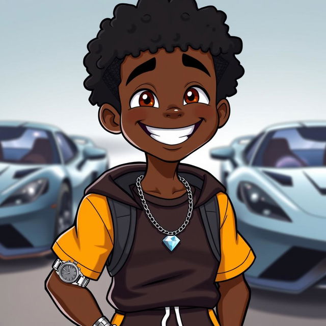 A black cartoon character with short, curly hair, dressed in sporty athletic wear