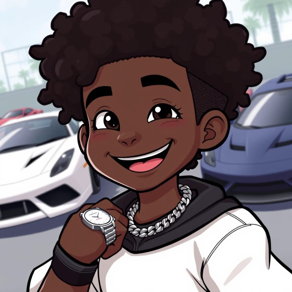 A black cartoon character with short, curly hair, dressed in sporty athletic wear