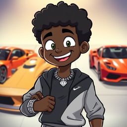 A black cartoon character with short, curly hair, dressed in sporty athletic wear