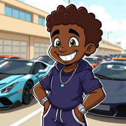 A black cartoon character with short, curly hair, dressed in sporty athletic wear