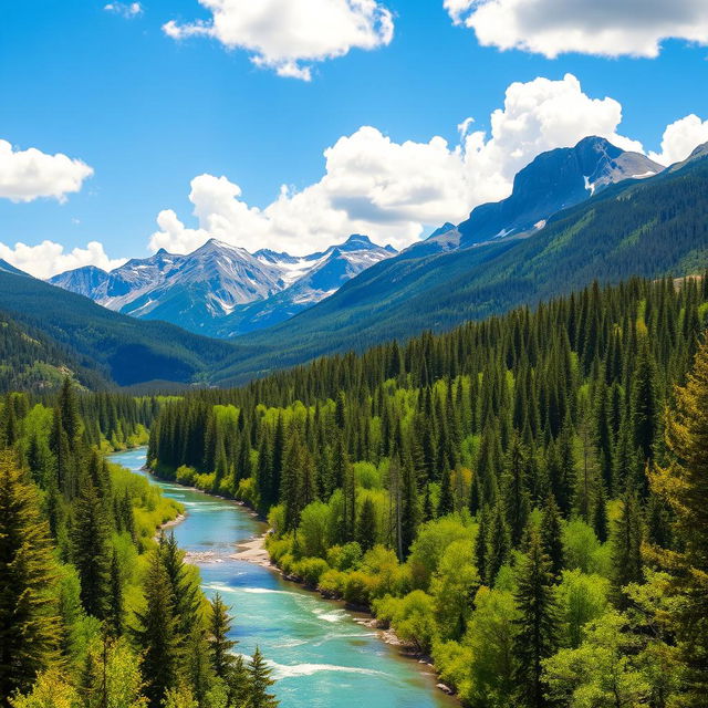 A breathtaking landscape scene featuring majestic mountains in the background, a serene river meandering through a vibrant lush forest filled with diverse green trees, and a clear blue sky dotted with fluffy white clouds