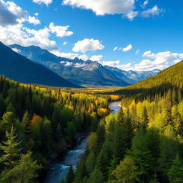 A breathtaking landscape scene featuring majestic mountains in the background, a serene river meandering through a vibrant lush forest filled with diverse green trees, and a clear blue sky dotted with fluffy white clouds
