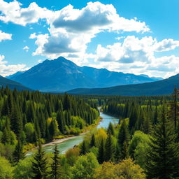 A breathtaking landscape scene featuring majestic mountains in the background, a serene river meandering through a vibrant lush forest filled with diverse green trees, and a clear blue sky dotted with fluffy white clouds