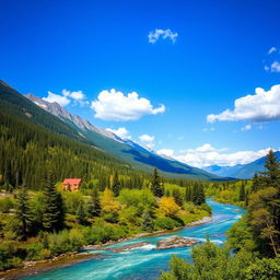 A breathtaking landscape scene featuring majestic mountains in the background, a serene river meandering through a vibrant lush forest filled with diverse green trees, and a clear blue sky dotted with fluffy white clouds