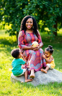 A serene outdoor scene featuring a beautiful black woman sitting gracefully on a large stone, surrounded by three joyful children playing around her