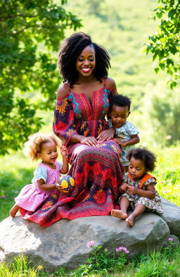 A serene outdoor scene featuring a beautiful black woman sitting gracefully on a large stone, surrounded by three joyful children playing around her