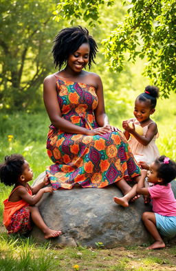 A serene outdoor scene featuring a beautiful black woman sitting gracefully on a large stone, surrounded by three joyful children playing around her