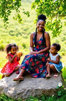 A serene outdoor scene featuring a beautiful black woman sitting gracefully on a large stone, surrounded by three joyful children playing around her